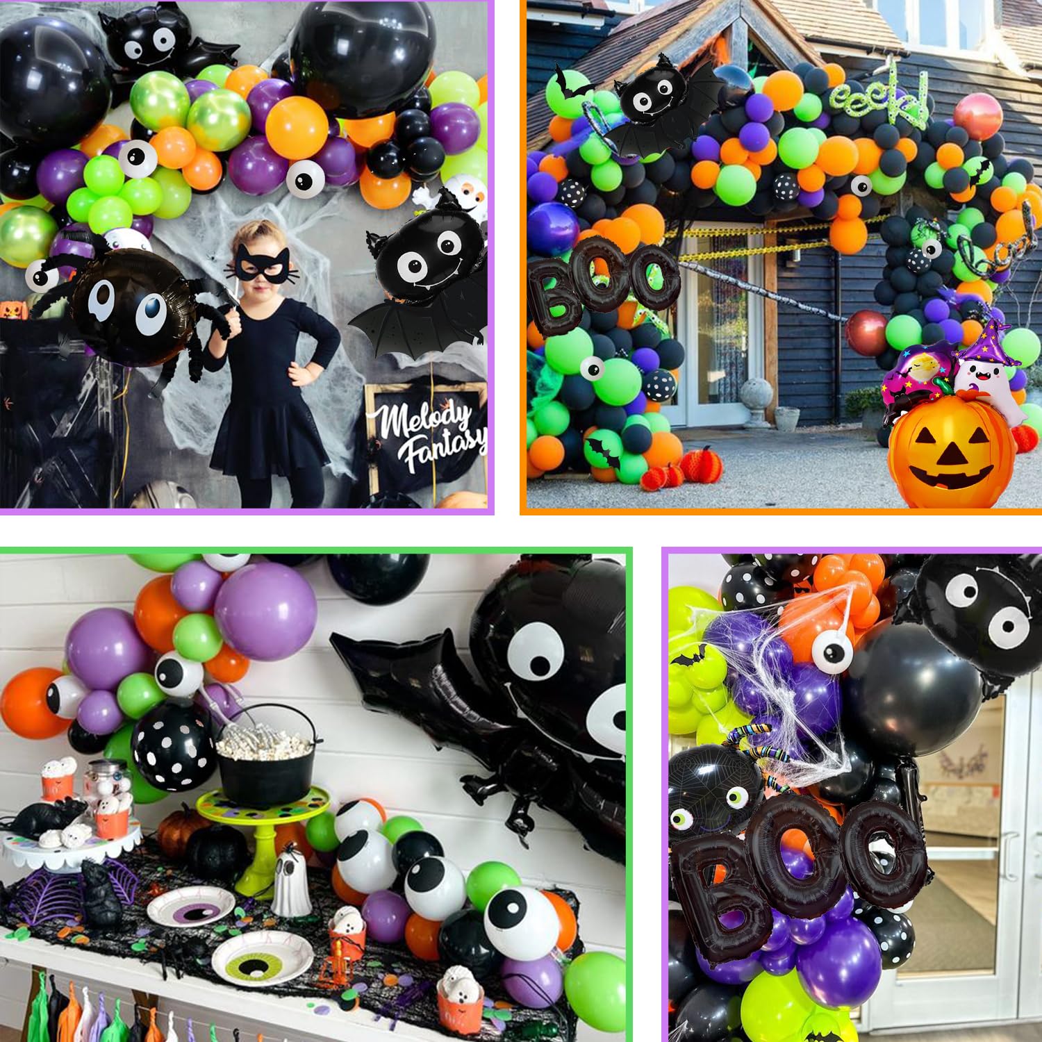 Halloween Balloons Decorations, Halloween Balloon Arch Kit with Pumpkin Bats Spider, Purple Orange and Black Eye BOO Balloons Halloween Balloon Garland for Halloween Party Supplies