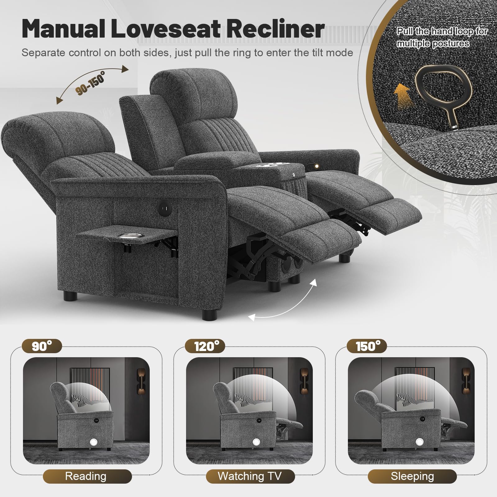 IROSTAE Loveseat Recliner Sofa with Console, RV Reclining Loveseat with Folding Side Table, Manual Love Seat Recliner Sofa with Bluetooth Speakers, Double Recliner Loveseat with USB Ports - Grey