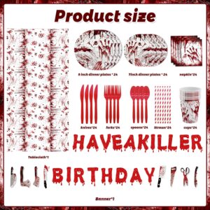 MEHOFOND Have a Killer Birthday Decoration, 194PCS Halloween Scream Party Tableware Decorations Include Killer Banner Bloody Hand Print Plates Napkins Tablecloth for Horror Themed Birthday Supplies