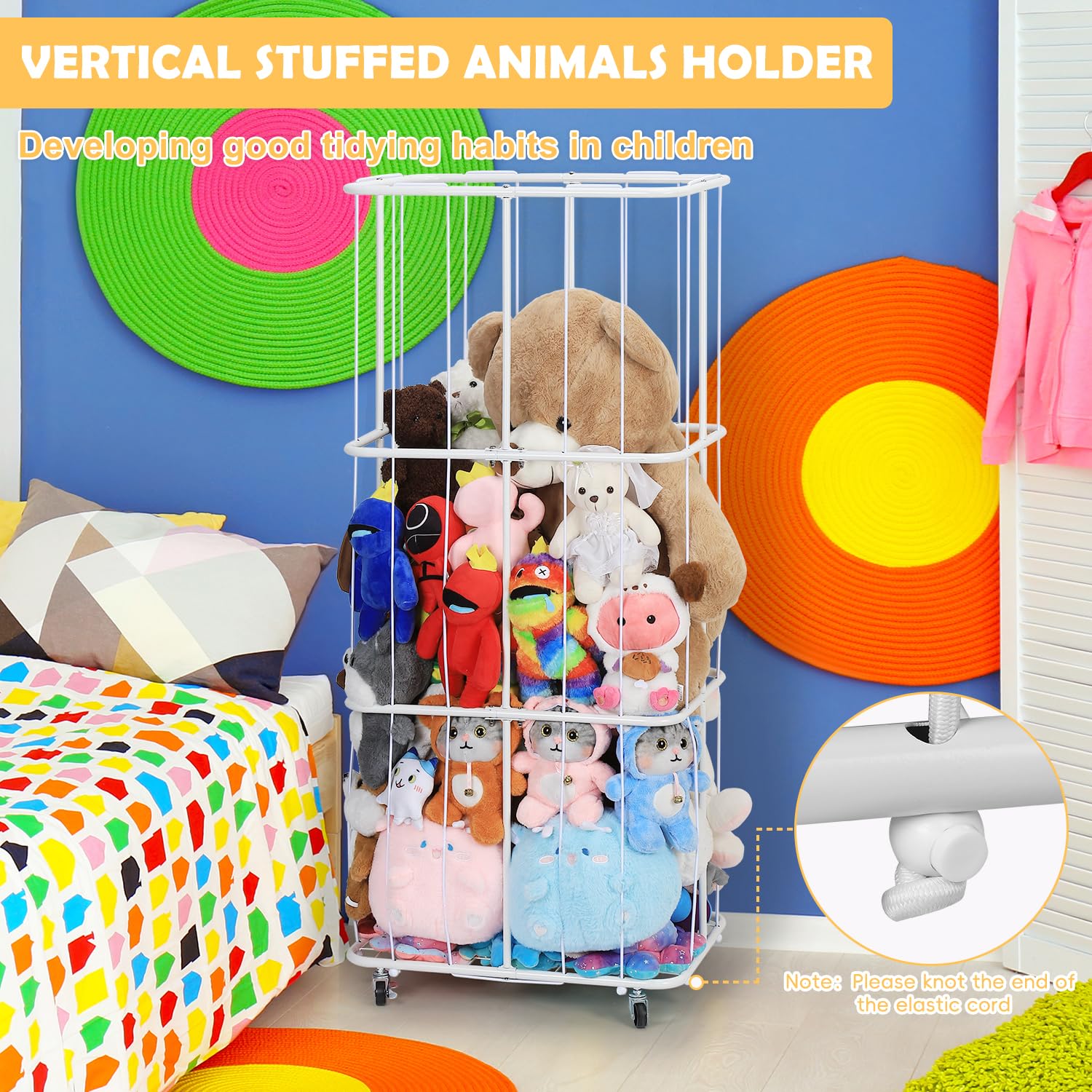 Ebeneze Metal Stuffed Animal Storage, Large Stuffed Animal Zoo Holder, Kids Toy Storage Organizer with Wheel and Elastic String, Plush Storage Shelf for Kids Room, Bedroom, Playroom, Nursery, White