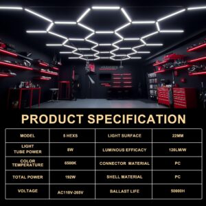 SLARY LED Hexagon Garage Lights, 24 Pack Car Garage Light Tubes, 192W, 23040LM, 6500K Super Bright, 5 Grid Systems Car Detailing Ceiling LED Light for Garage Warehouse Workshop Basement Gym