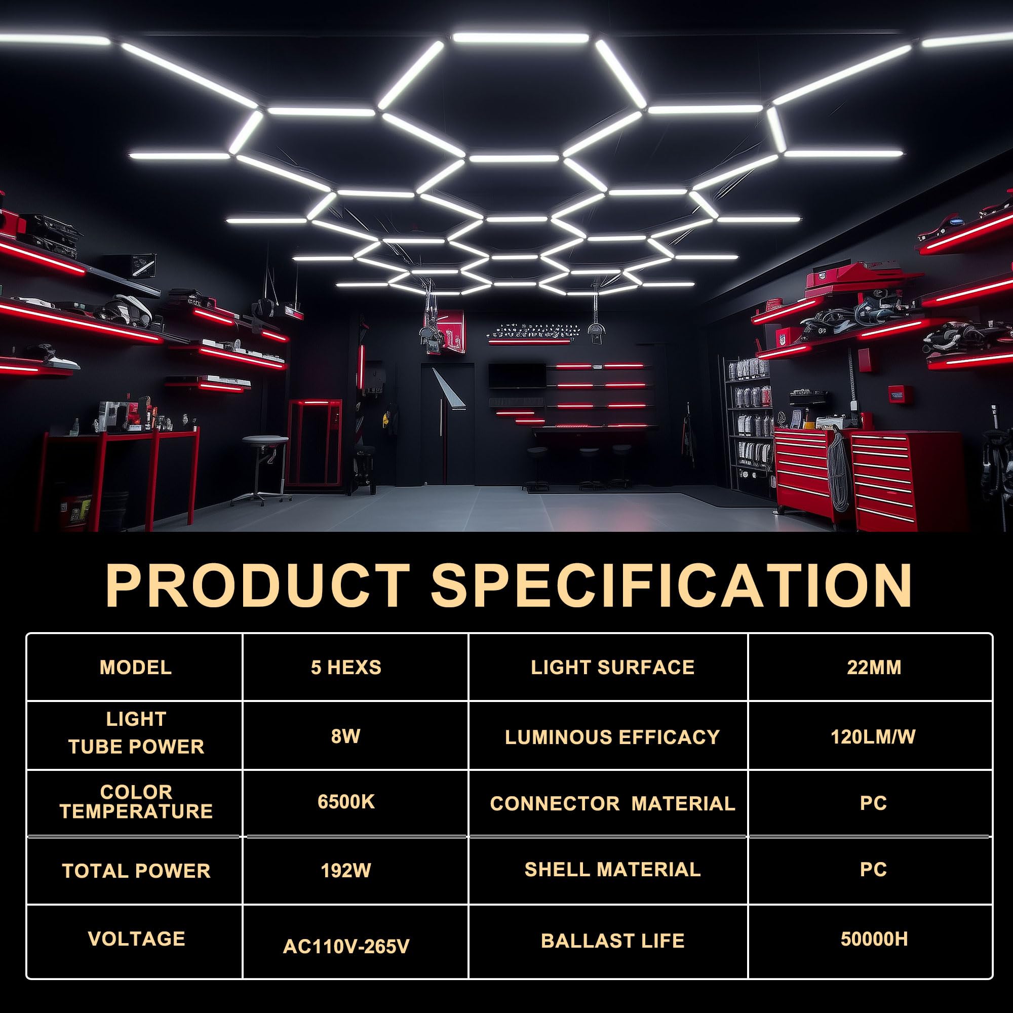 SLARY LED Hexagon Garage Lights, 24 Pack Car Garage Light Tubes, 192W, 23040LM, 6500K Super Bright, 5 Grid Systems Car Detailing Ceiling LED Light for Garage Warehouse Workshop Basement Gym