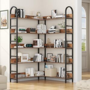 nosepen l shaped corner bookcase and bookshelves, 5-tier tall open shelf etagere bookcase, wood and metal large library industrial bookcases display rack for living room home office,black+brown