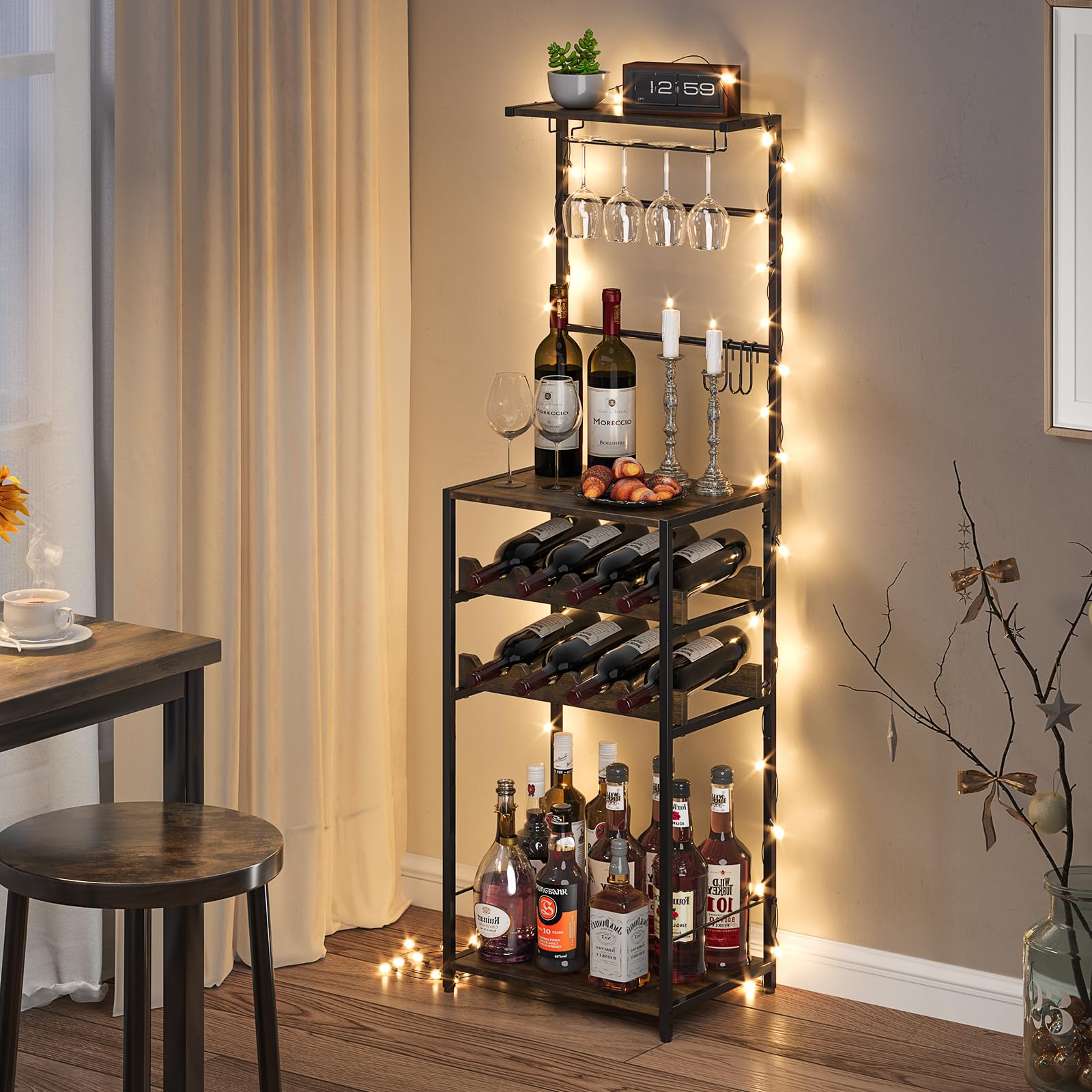 5-Tier Wine Rack Freestanding Floor, Liquor Bar Stand with Glasses Holder and 4 S Hooks, Corner Mini Bar Cabinet for Small Space, 8 Bottles Wine Bar Cabinet for Home, 11.81"D x 16.53"W x 53.55"H