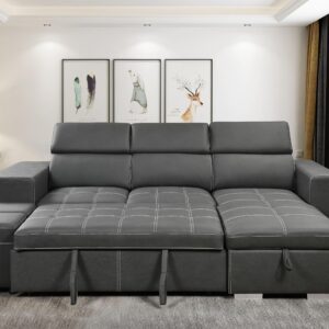 RENDGO 103'' Microfiber Sectional Sleeper Sofa Pull Out Bed with Ottoman Storage Chaise, L Shaped Sectional Couch with Adjustable Headrest and Stools for Living Room Furniture Set, Grey