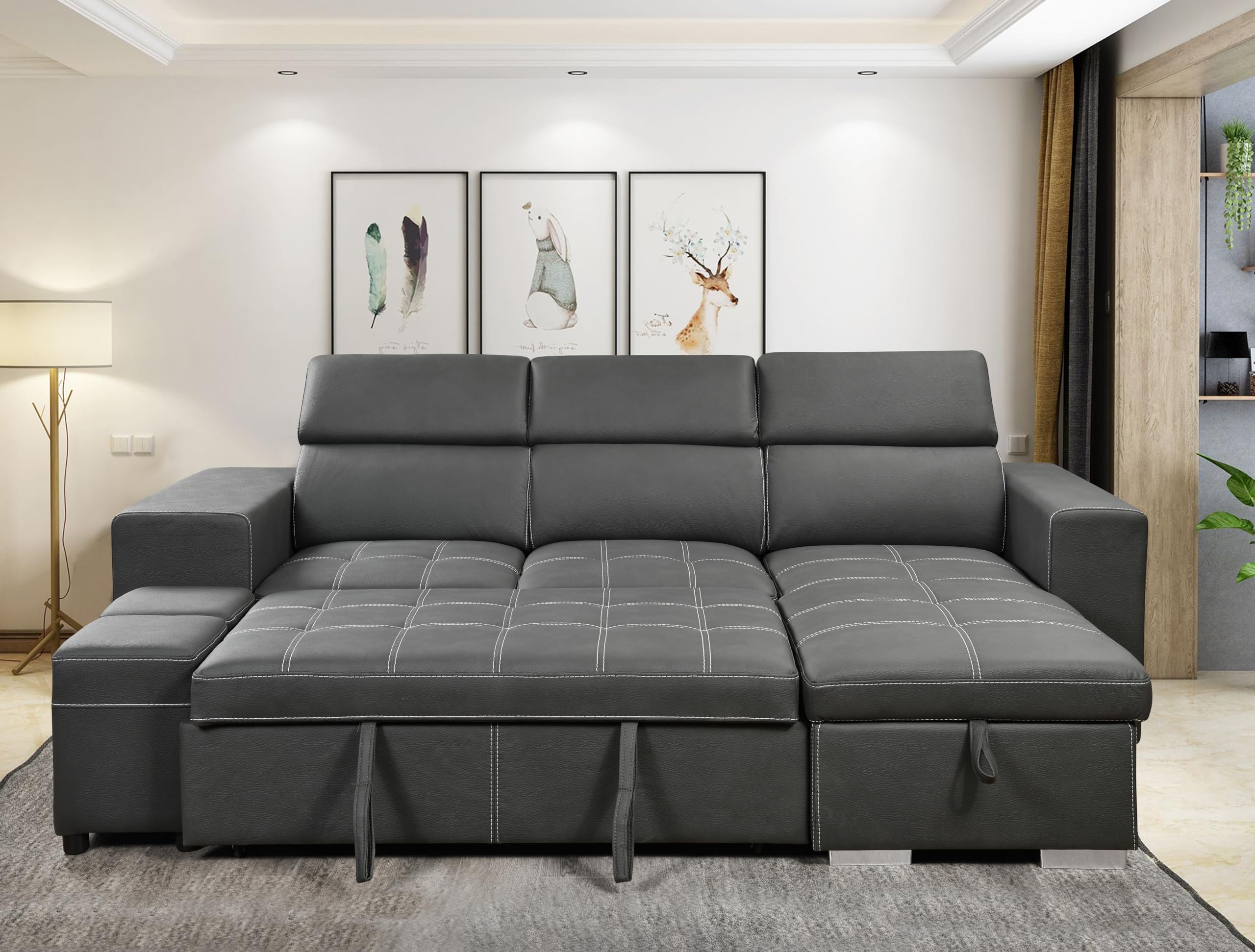 RENDGO 103'' Microfiber Sectional Sleeper Sofa Pull Out Bed with Ottoman Storage Chaise, L Shaped Sectional Couch with Adjustable Headrest and Stools for Living Room Furniture Set, Grey