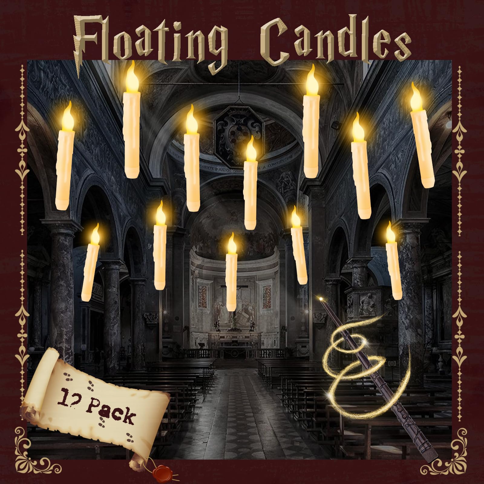 EPIIDE Floating Candles with Wand, 12Pcs Magic Flickering Warm Light Candles, Floating Hanging Candles, Halloween Decorations for Indoor Outdoor Party