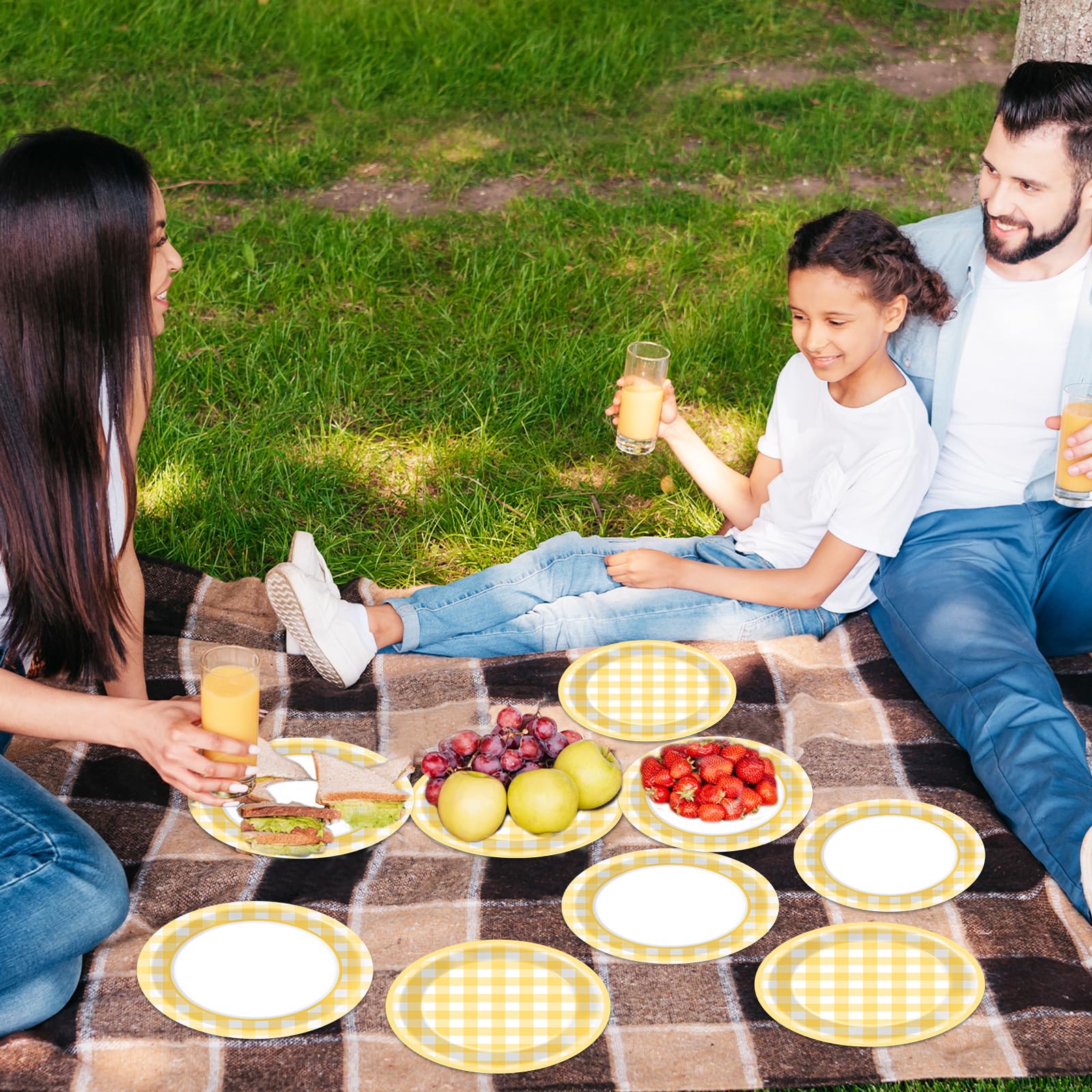 48Pcs Yellow Gingham Paper Dessert Plates Yellow and White Party Supplies Yellow Checkered Tableware Party Decorations Plaid Plates Dinnerware for Boys Girls Birthday Picnic Bride Shower Favor 7”