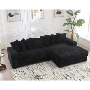 JUSTONE 111'' Modern Sectional Sofa Cloud Couch for Living Room, L Shaped Sofa, Corduroy,Right Chaise Daybed with Armrests,Eight Throw Pillows,Easy to Assemble,Black