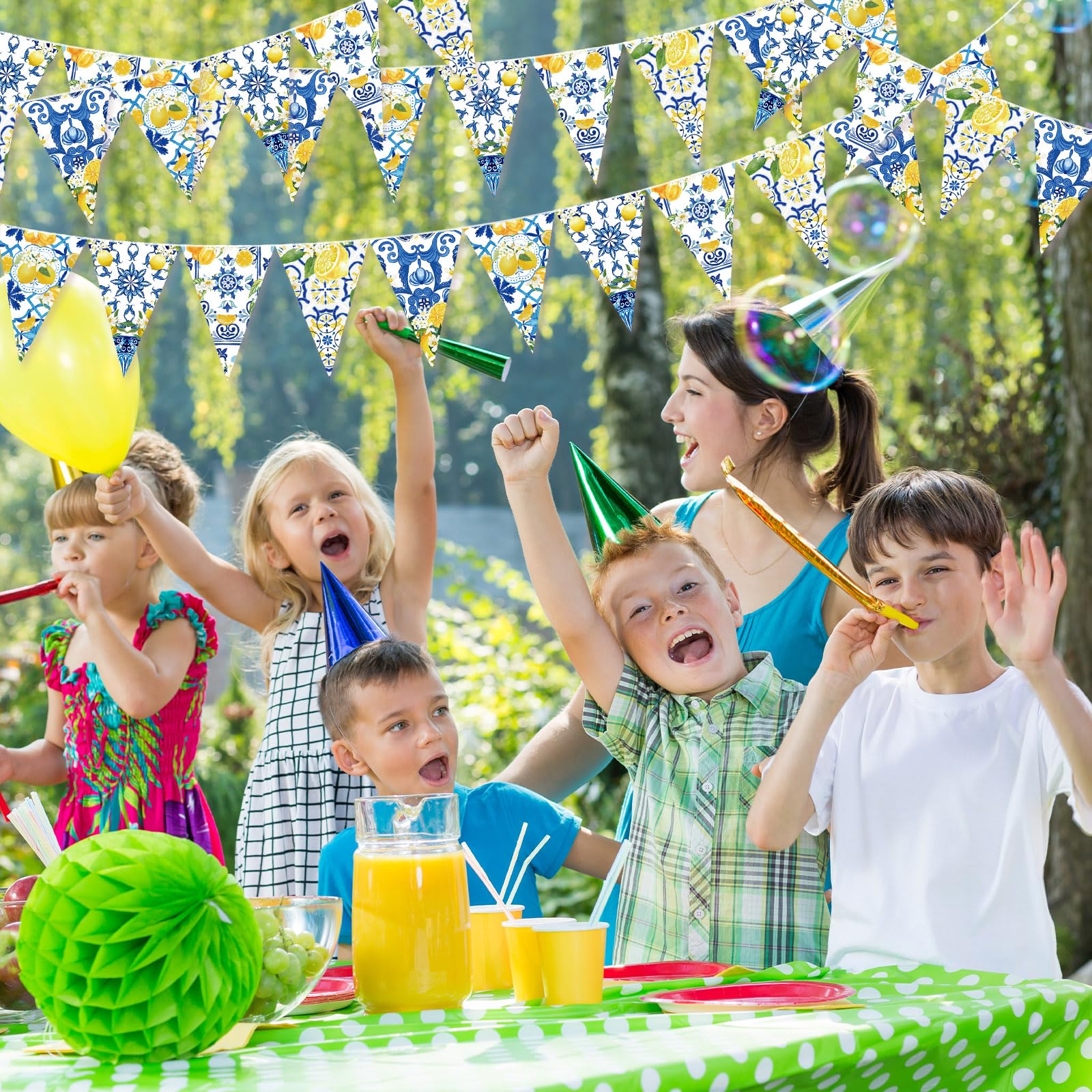 Faccito 5 Pcs Blue Tiles Lemon Decor Lemon Bunting Banners Blue Tiles Paper Pennant Garlands Lemonade Hanging Triangle Flags for Wedding Birthday Bridal Shower Bachelorette Party Decorations