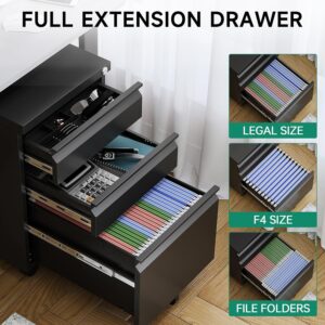 Daokesecr Filing Cabinets for Home Office, 3 Drawer File Cabinet with Lock, Under Desk Home Office Cabinet, Locking File Cabinet for A4/Letter/Legal, Fully Assembled Expect Casters, Matte Black