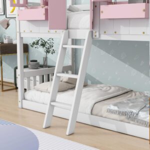 VilroCaz Twin Over Twin House Bunk Bed with Windows, Doors and Boxs, Wood House Roof Floor Bunk Bed Frame with Safety Guardrails and Ladder for Teens Kids Boys Girls (Pink/White 22)