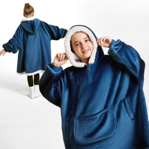 Giggling Getup Wearable Blanket Hoodie for Girls Boys - Oversized Flannel Sherpa Fleece Hooded Blanket - Soft Cozy Warm Blanket Sweatshirt Gifts with Giant Pocket and Sleeves for Kids Navy