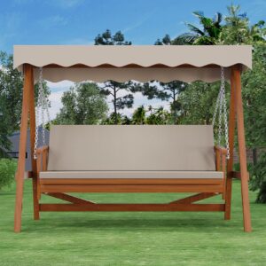 Kybolt Wooden Patio Swing with Adjustable Canopy,3-Seater Wood Patio Swing Bench Bed with Removable Cushion,Patio Swing Glider with Flatbed for Backyard Garden Balcony Poolside