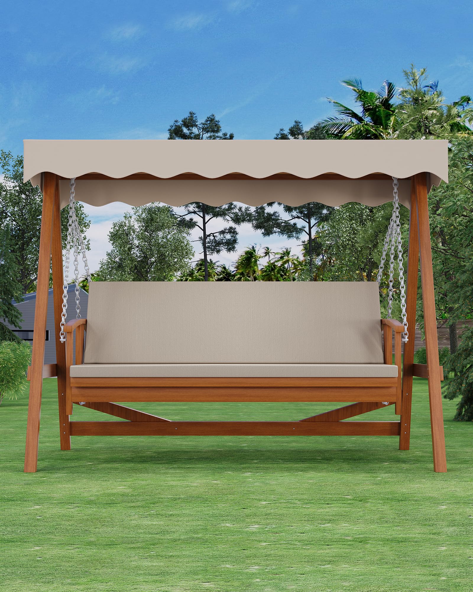 Kybolt Wooden Patio Swing with Adjustable Canopy,3-Seater Wood Patio Swing Bench Bed with Removable Cushion,Patio Swing Glider with Flatbed for Backyard Garden Balcony Poolside