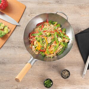 Restaurantware-Motomori 13.38 Inch Hand-Hammered Carbon Steel Wok, 10 Traditional Japanese Wok - Flat Bottom, Wooden Handle, Black Carbon Steel Traditional Stir Fry Pan, With Helper Handle