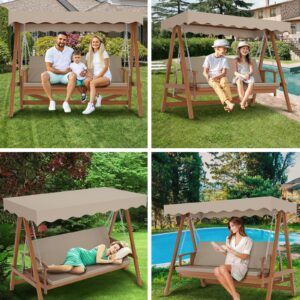 Kybolt Wooden Patio Swing with Adjustable Canopy,3-Seater Wood Patio Swing Bench Bed with Removable Cushion,Patio Swing Glider with Flatbed for Backyard Garden Balcony Poolside