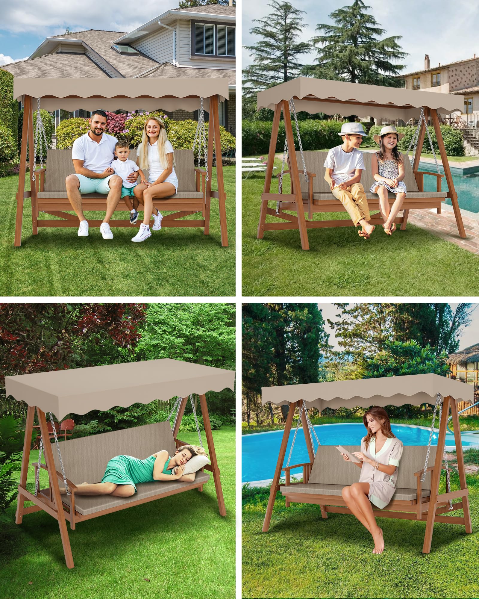 Kybolt Wooden Patio Swing with Adjustable Canopy,3-Seater Wood Patio Swing Bench Bed with Removable Cushion,Patio Swing Glider with Flatbed for Backyard Garden Balcony Poolside