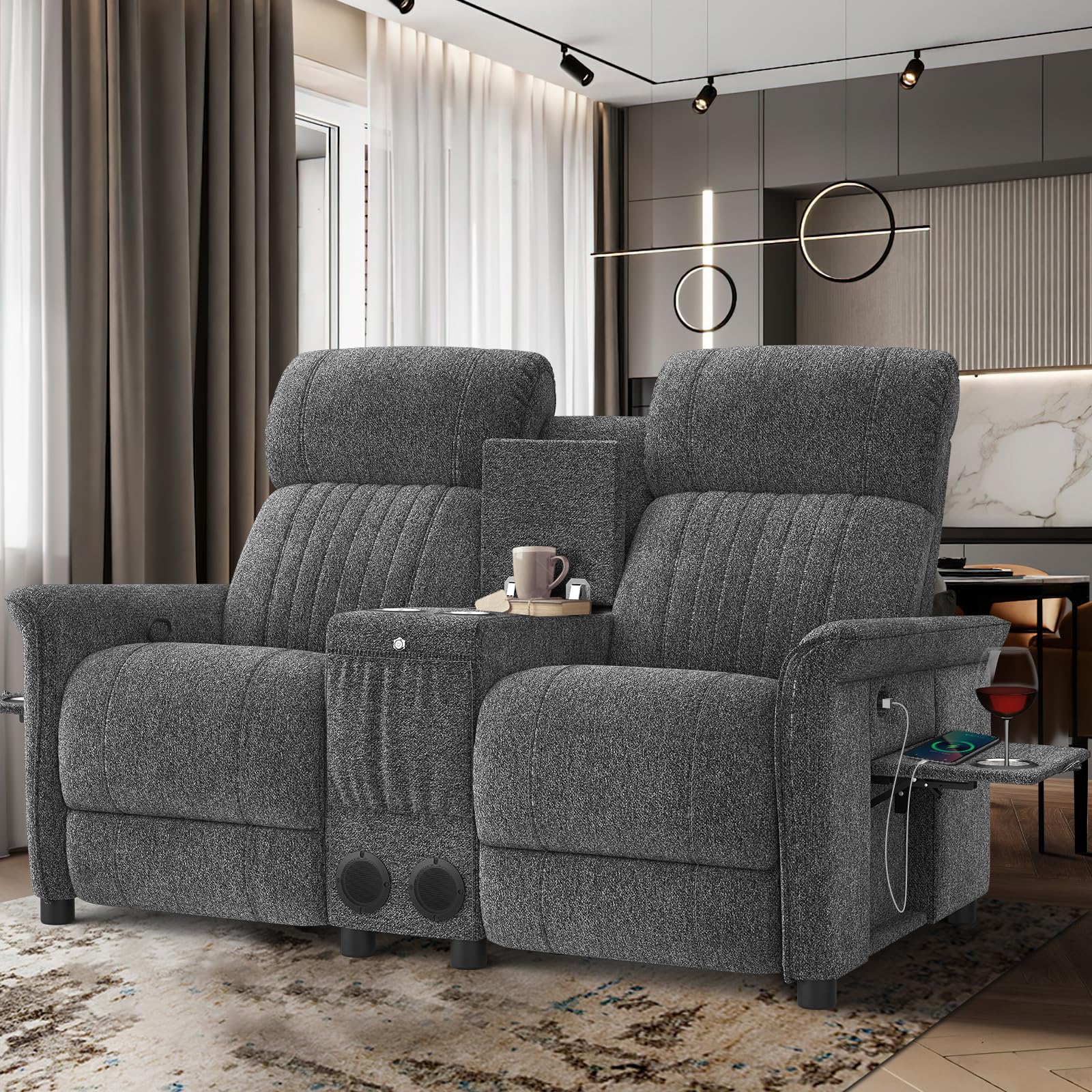 IROSTAE Loveseat Recliner Sofa with Console, RV Reclining Loveseat with Folding Side Table, Manual Love Seat Recliner Sofa with Bluetooth Speakers, Double Recliner Loveseat with USB Ports - Grey