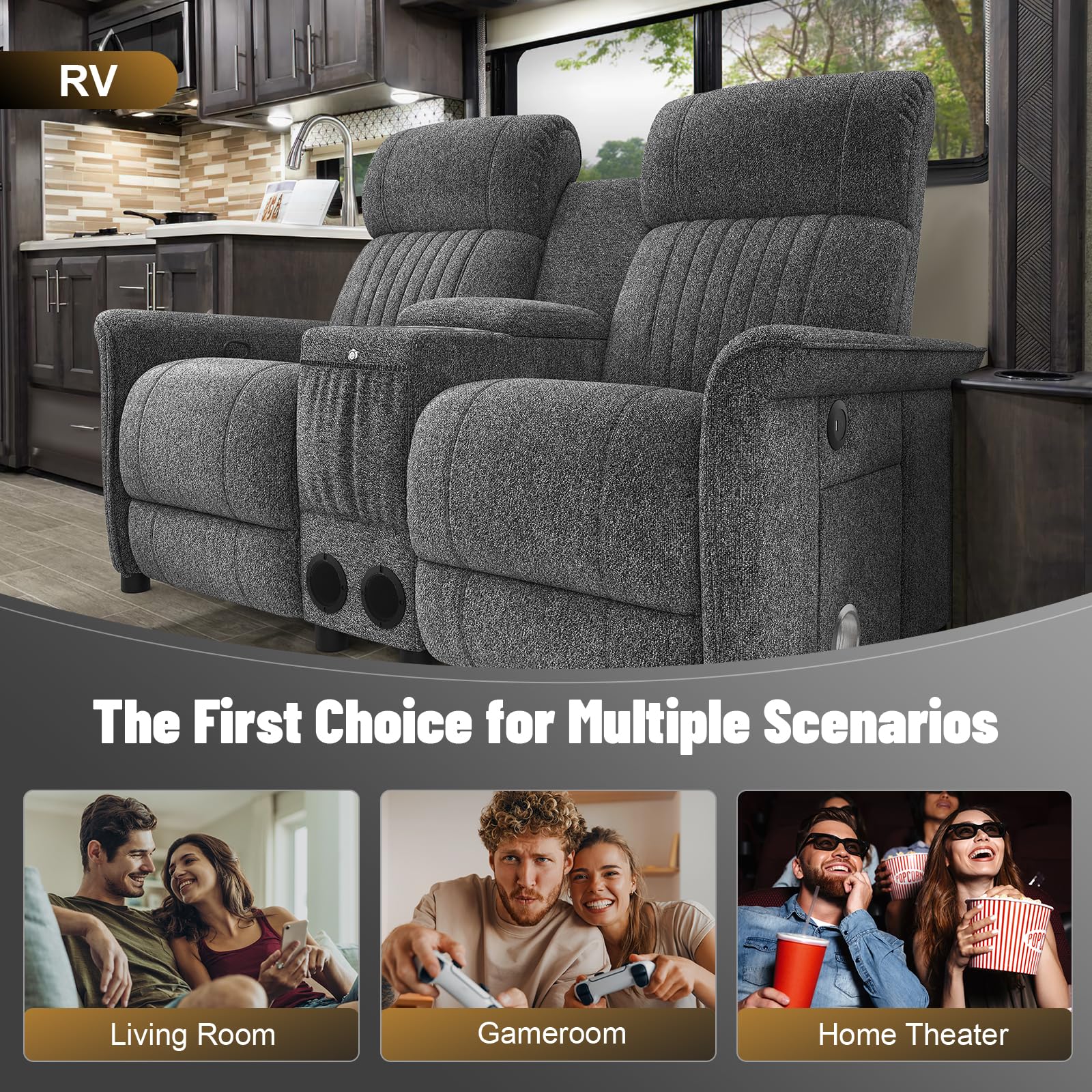 IROSTAE Loveseat Recliner Sofa with Console, RV Reclining Loveseat with Folding Side Table, Manual Love Seat Recliner Sofa with Bluetooth Speakers, Double Recliner Loveseat with USB Ports - Grey