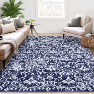 garveehome washable rugs 8x10 rug for living room boho vintage area rug for bedroom indoor floral damask floral large rug soft non shedding stain resistant carpet for dining room 8'x10' blue