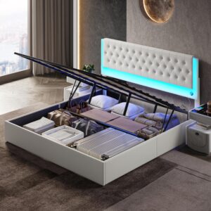 ecoharbor lift up storage bed queen with led lights & charging station high adjustable headboard 51.25'' with velvet button tufted upholstered hydraulic bed noise-free/no box spring needed (white)