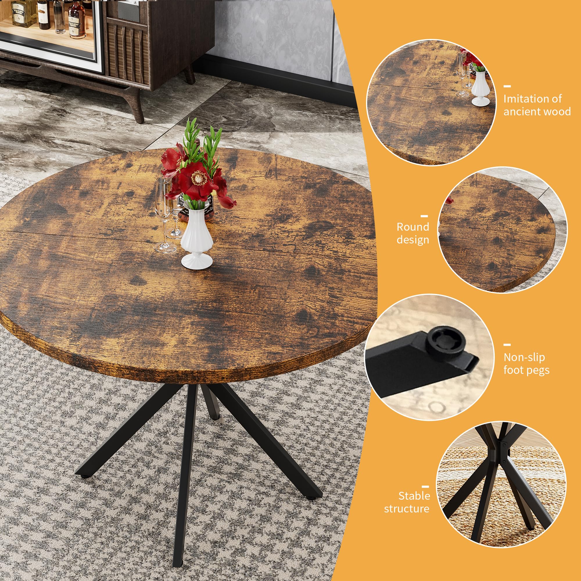 DKLGG Brown Round Dining Table, Mid-Century Modern Round Dining Table for 4-6 Person, 39" Coffee Table with Metal Black Legs for Cafe/Bar Kitchen Dining Office, Save Space (only Table)