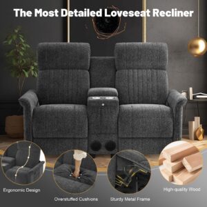 IROSTAE Loveseat Recliner Sofa with Console, RV Reclining Loveseat with Folding Side Table, Manual Love Seat Recliner Sofa with Bluetooth Speakers, Double Recliner Loveseat with USB Ports - Grey