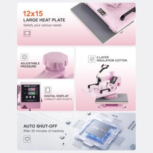 VEVOR Heat Press Machine 5 in 1 Combo with 30 OZ Tumbler Press & Hat Press, Slide Out 12x15 Inch Heat Press Sublimation Machine for T-Shirts, Hats Caps Tumblers Glass Cans Mugs, and Plates (Pink)