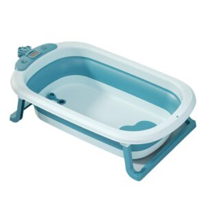 zajsss portable pet bathtub with water drain plug foldable pet shower basin with thermometer small pets bath tub for puppy small dogs cats, blue