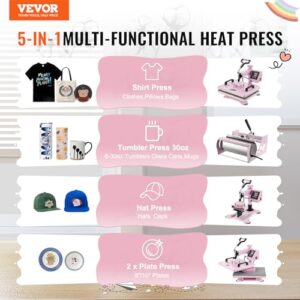 VEVOR Heat Press Machine 5 in 1 Combo with 30 OZ Tumbler Press & Hat Press, Slide Out 12x15 Inch Heat Press Sublimation Machine for T-Shirts, Hats Caps Tumblers Glass Cans Mugs, and Plates (Pink)