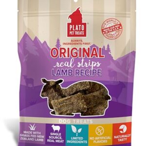 PLATO Original Real Strips Natural Dog Treats - Real Meat - Air Dried - Made in The USA - Lamb Flavor, 18 Ounces