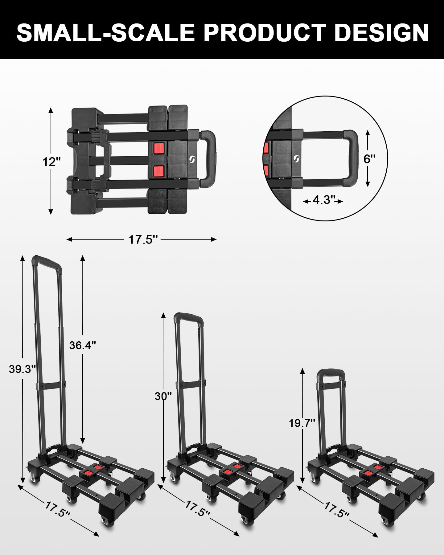 SERVOMASTER Folding Hand Truck, Hand Truck Dolly 500 LB Heavy Duty, Foldable Luggage Cart with 6 Wheels and 2 Elastic Cords with Adjustable Handle for Luggage, Travel, Shopping, Office Moving, Black