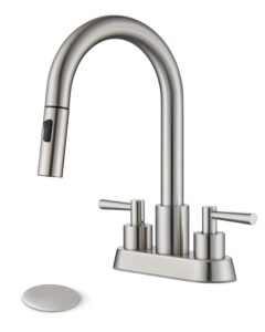 felixbath bathroom sink faucet with pull out sprayer 2 handles, brushed nickel pull down bathroom faucet 3 holes, 4 inch sink faucet bathroom, 360 degree swivel spout, pop up drain assembly included