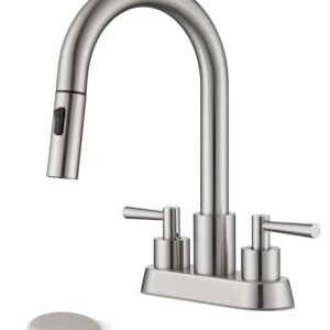 FELIXBATH Bathroom Sink Faucet with Pull Out Sprayer 2 Handles, Brushed Nickel Pull Down Bathroom Faucet 3 Holes, 4 Inch Sink Faucet Bathroom, 360 Degree Swivel Spout, Pop Up Drain Assembly Included