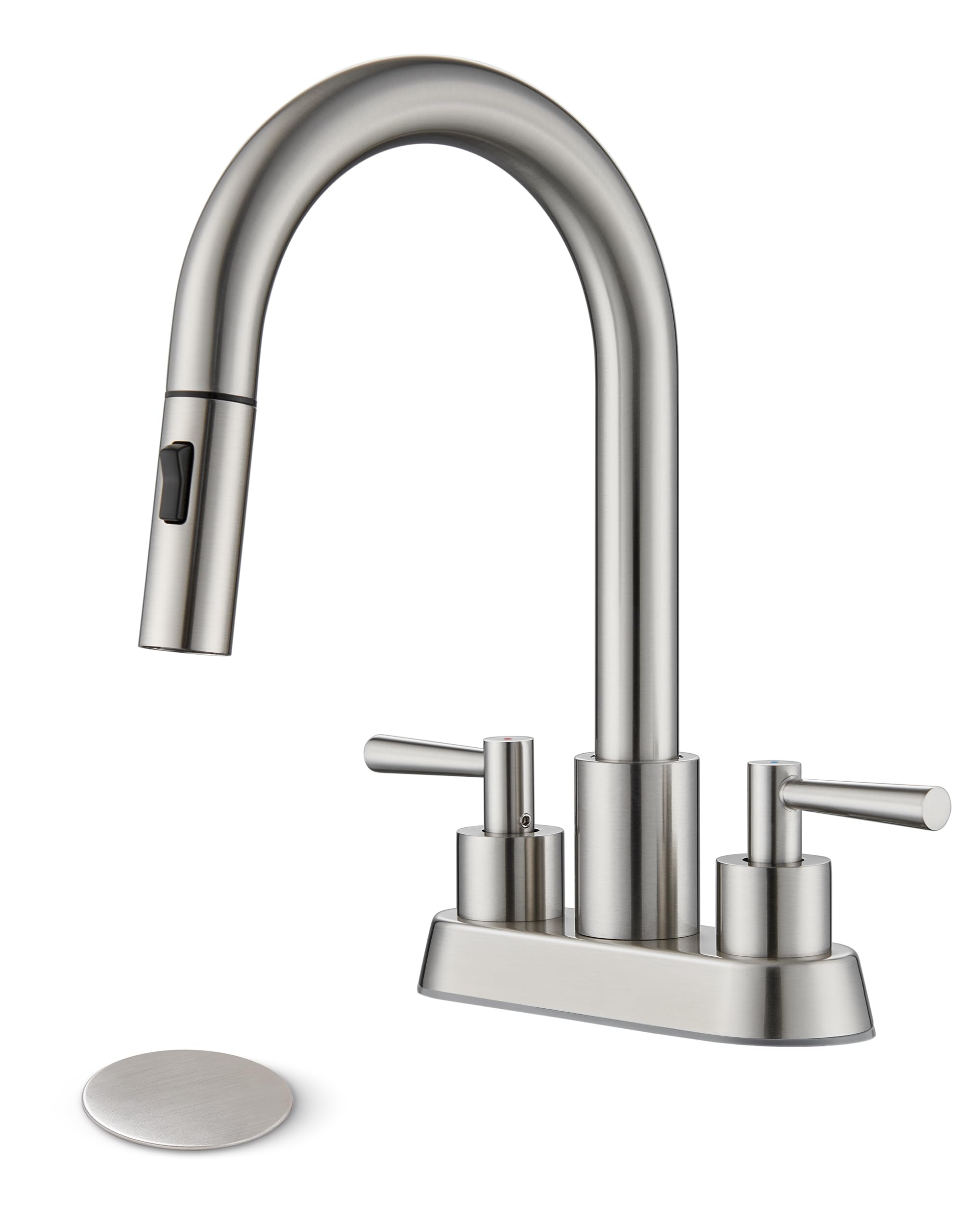 FELIXBATH Bathroom Sink Faucet with Pull Out Sprayer 2 Handles, Brushed Nickel Pull Down Bathroom Faucet 3 Holes, 4 Inch Sink Faucet Bathroom, 360 Degree Swivel Spout, Pop Up Drain Assembly Included