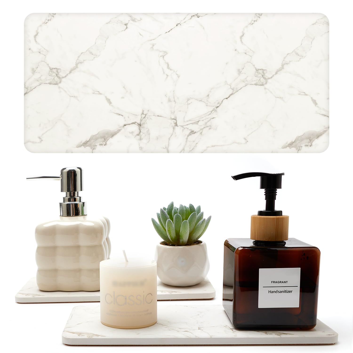 2 Pcs Water Absorbing Stone Trays for Bathroom Counter Kitchen Sink Tray Dish Soap Dispenser Mat Drying Vanity Trays Ceramic Coasters Sink Stand Caddy Sponge Holder Marble Bathroom Accessories Trays