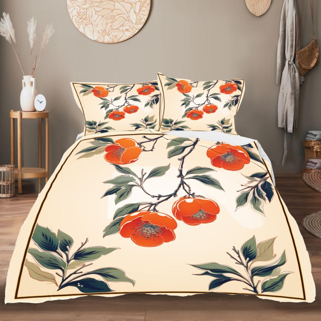 DiuuDi Orange Flowers Duvet Cover Twin Size Light Yellow 3D Printed Duvet Cover Set Orange Blossom Green Leaves Comforter Cover Cozy Quilt Cover with 2 Pillowcases