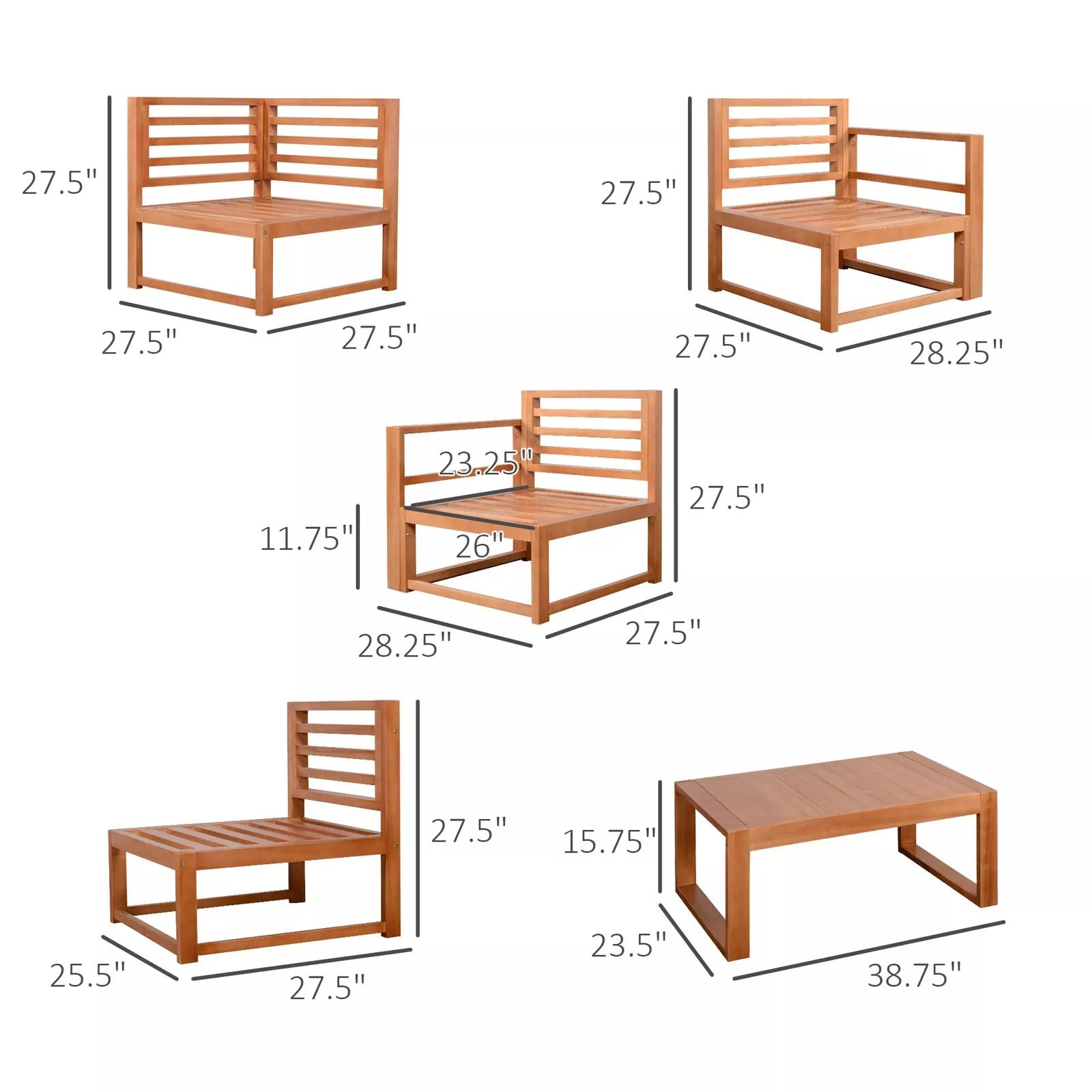 VcJta 5-Piece Outdoor Patio Set Wood Sectional Sofa Cushions Table Grey Furniture for Garden Deck Relaxation Lounging