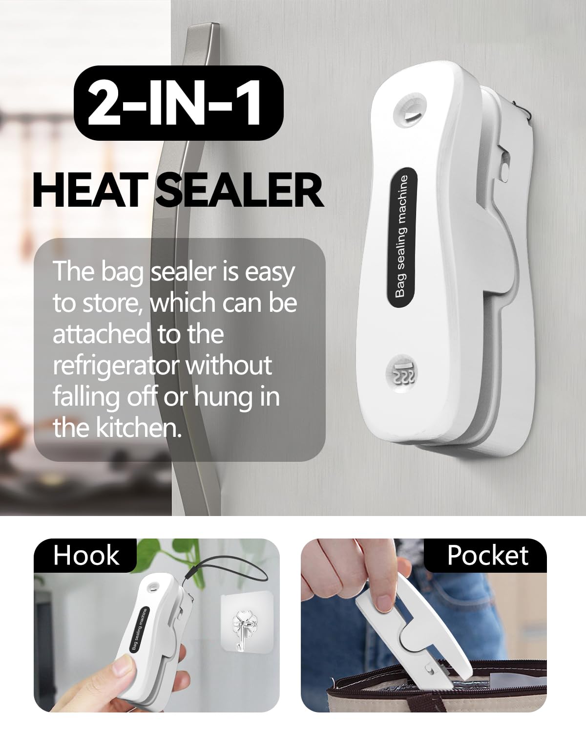 Mini Bag Sealer, Rechargeable Bag Sealer 2-in-1 Bag Sealer and Cutter Easy-use Snack Sealer with Magnet Portable Bag Resealer USB Mini Sealer for Chip Bag Plastic Bag Storage Freshness