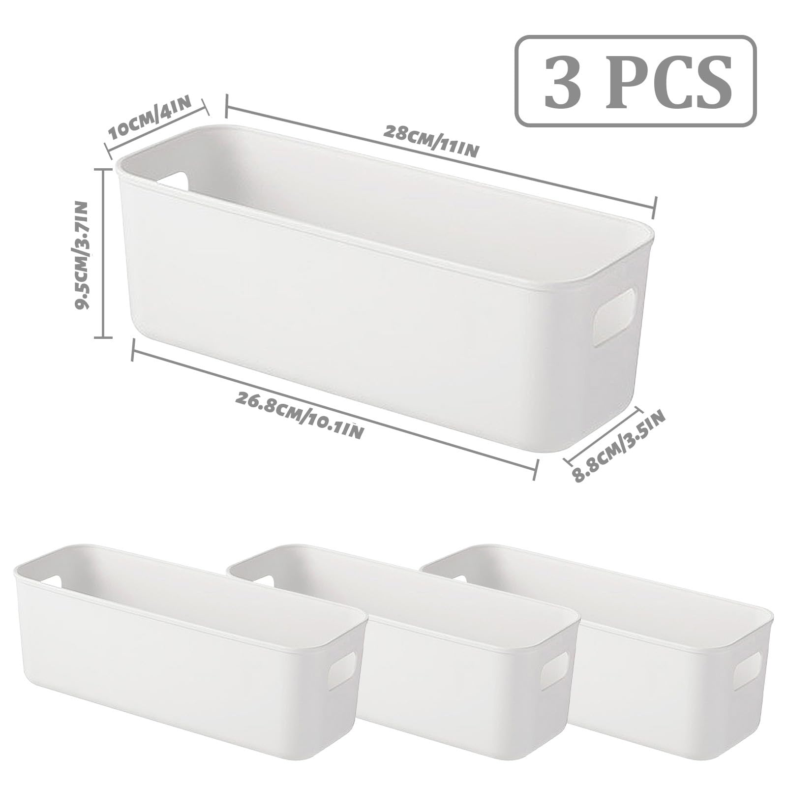 BLLREMIPSUR 3 Pack White Storage Bin, 10" Long Bathroom Organizing Bins, Plastic Organizer Bins with Handles for Vanity, Pantry, Shelves