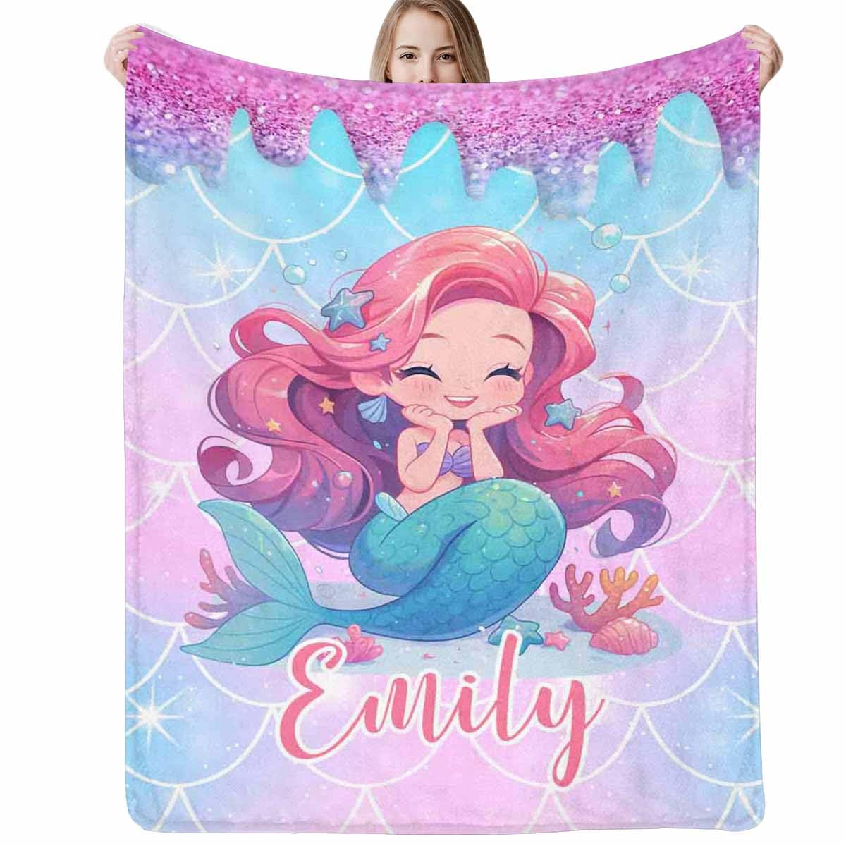 Jaydouble Custom Blankets with Name for Children, Personalized Gifts Black Mermaid Throw Blanket for Boys Girls