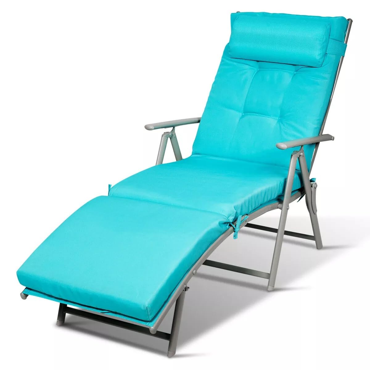 VcJta Patio Folding Chaise Lounge Chair with Turquoise Cushion Lightweight Recliner for Outdoor Relaxation & Comfort