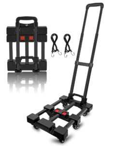 servomaster folding hand truck, hand truck dolly 500 lb heavy duty, foldable luggage cart with 6 wheels and 2 elastic cords with adjustable handle for luggage, travel, shopping, office moving, black