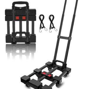 SERVOMASTER Folding Hand Truck, Hand Truck Dolly 500 LB Heavy Duty, Foldable Luggage Cart with 6 Wheels and 2 Elastic Cords with Adjustable Handle for Luggage, Travel, Shopping, Office Moving, Black