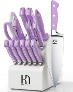 knifesaga knife block set 15 pcs, kitchen knife set, enduring razor-sharp japanese high carbon stainless steel knife set with block, purple