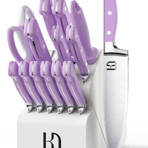 KnifeSaga Knife Block Set 15 Pcs, Kitchen Knife Set, Enduring Razor-Sharp Japanese High Carbon Stainless Steel Knife Set with Block, Purple