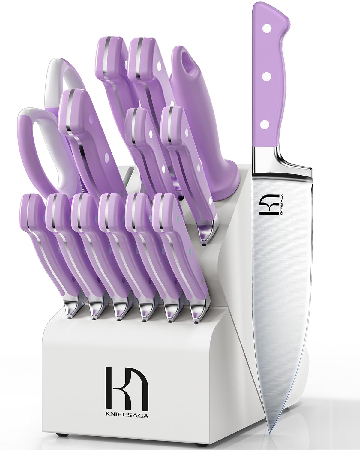 KnifeSaga Knife Block Set 15 Pcs, Kitchen Knife Set, Enduring Razor-Sharp Japanese High Carbon Stainless Steel Knife Set with Block, Purple