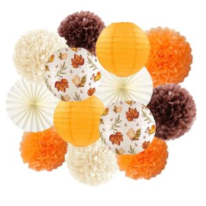 fall party decorations 13pcs maple leaves and orange paper lattern, orange and beige pom poms for fall harvest thanksgiving bridal show wedding autumn birthday party supplies