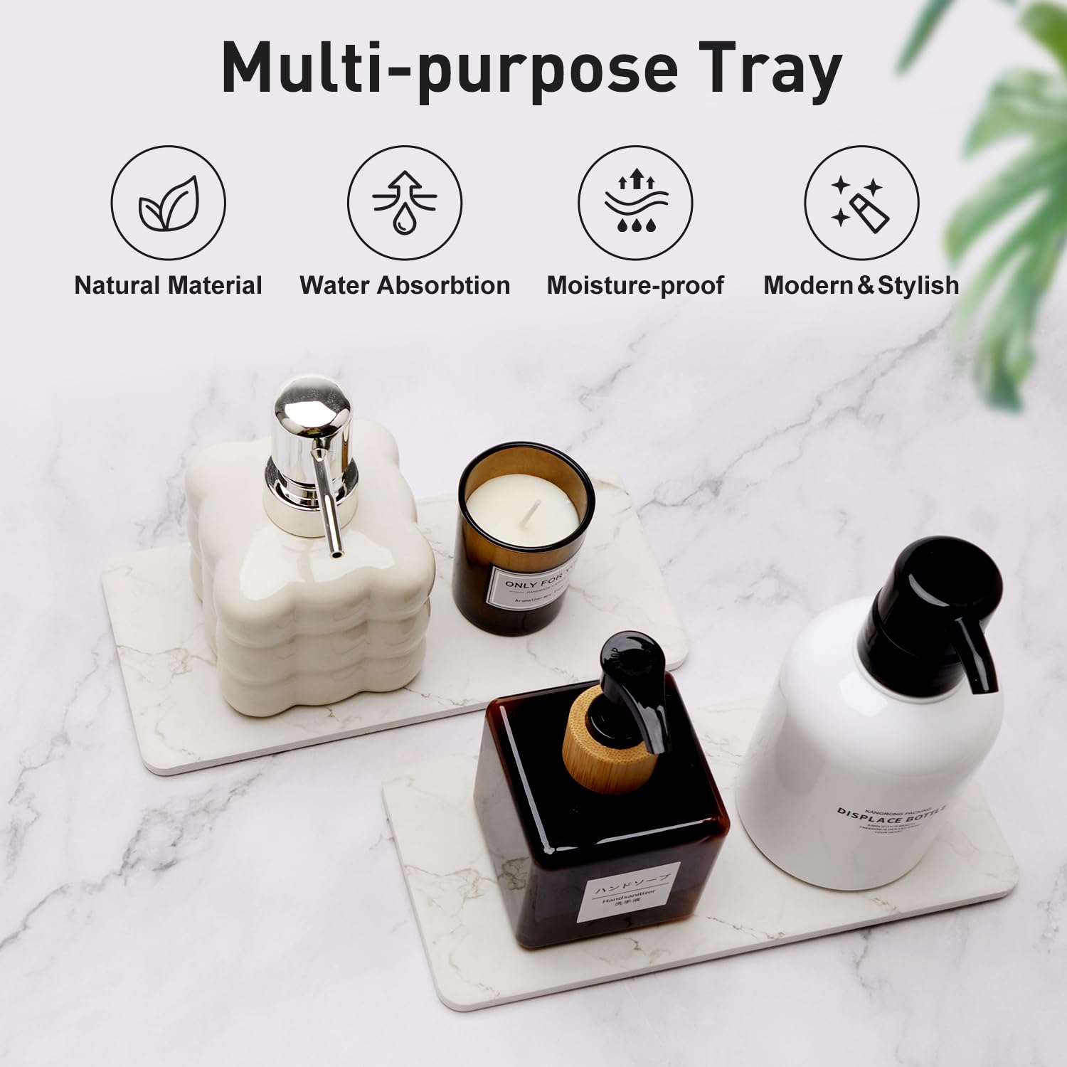 2 Pcs Water Absorbing Stone Trays for Bathroom Counter Kitchen Sink Tray Dish Soap Dispenser Mat Drying Vanity Trays Ceramic Coasters Sink Stand Caddy Sponge Holder Marble Bathroom Accessories Trays